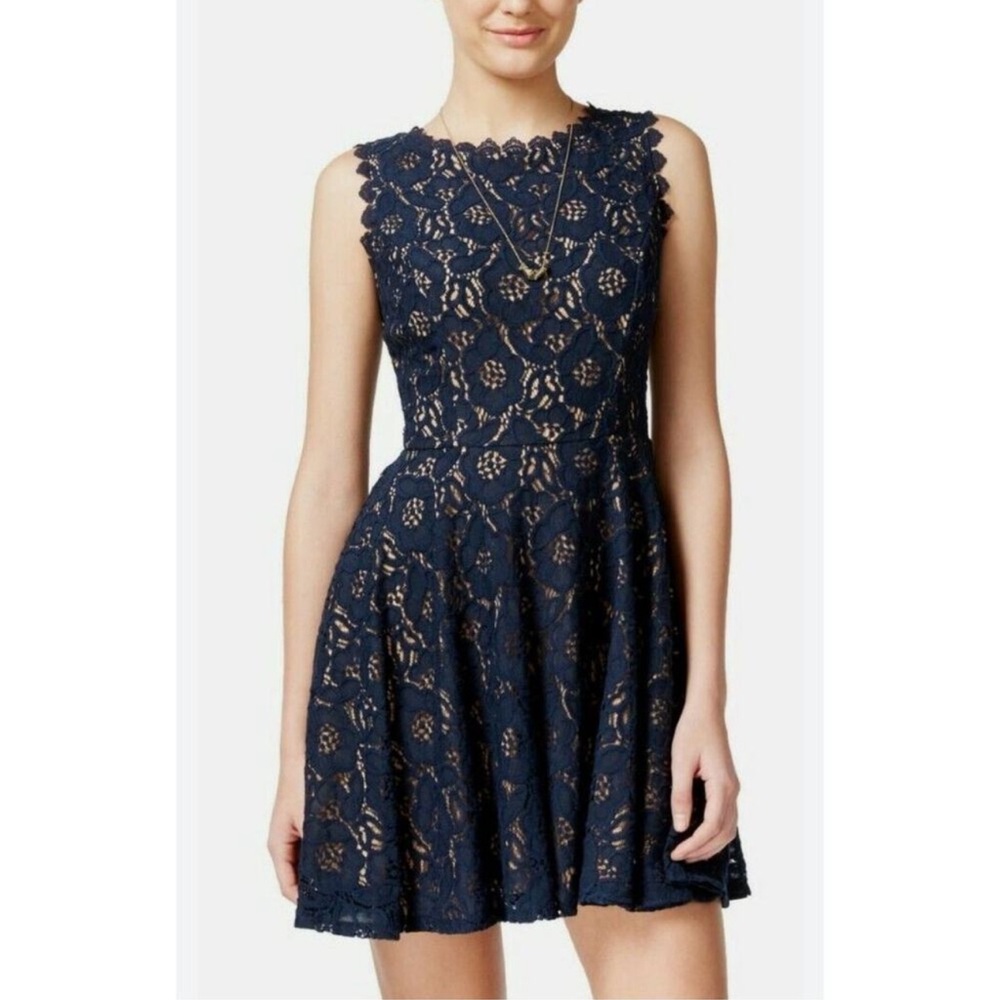 City Studio Navy Fit & Flare Dress Mini Tan w Navy Lace Overlay Juniors Size 7